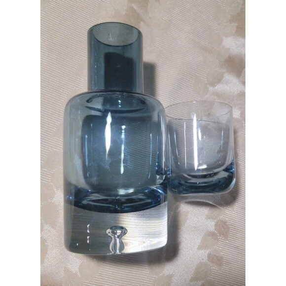 VTG Krosno Poland Blue Blown Glass Decanter Tumble Up Bedside Carafe Bubble MCM - Picture 10 of 16